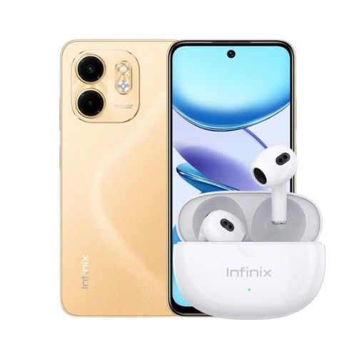Combo Celular Infinix Smart 9 LTE 128GB 6GB-RAM Dorado + Audífonos Inalámbricos Infinix XBuds 3 Lite Blancos XE33